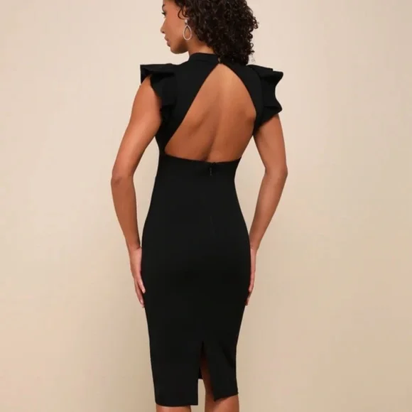 Black Backless Ruffle Bodycon Midi Dress | Womens | Medium | 100% Polyester | Lulus